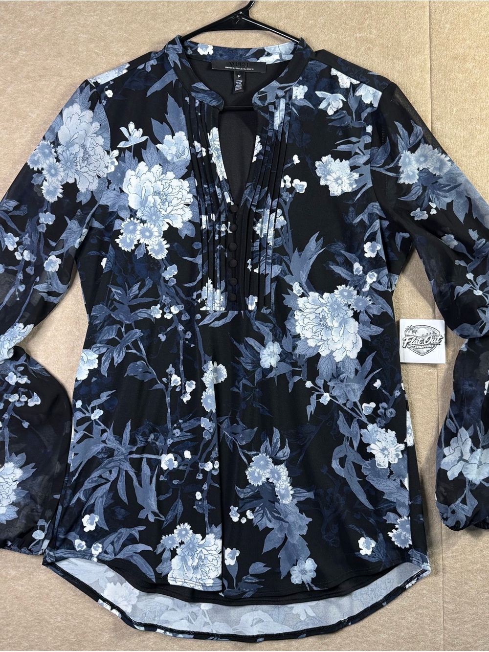 WHBM Women’s Medium Blue Black Floral Sheer Sleeve Pintuck Blouse